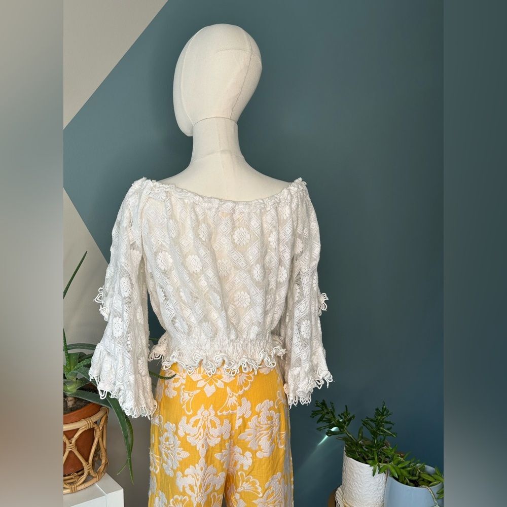Sunday Cristina Paris Boho Lace Crop Top Free Size (XS–M) Beaded Peasant Blouse - Picture 5 of 12